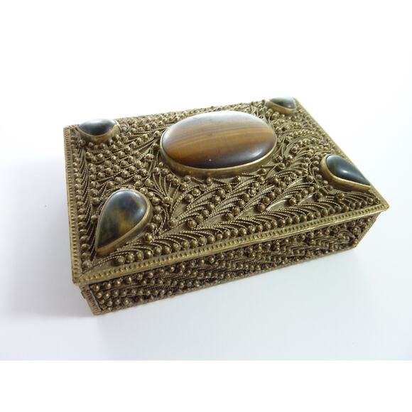 Vintage Old Tibet Nepal Filigree Inlay Tiger Eye - Picture 1 of 6